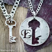 Couples Key Necklaces with Initials Inside and Outside Pieces