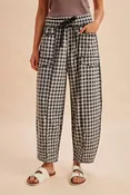 Black Gingham Soft-Brushed, Knit Barrel Pants