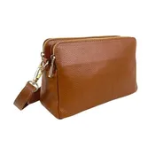 Alessia Box Bag with Double Zippers in Cognac Brown