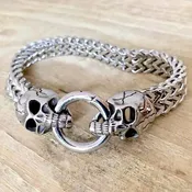 2 Skull Heads Bracelet - Silver - 1/2 inch wide - B12