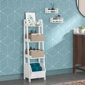 4-Tier White Ladder Shelf with Open Shelves and Storage Organizer Bin