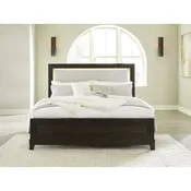 Art Deco Upholstered Panel Bed with LED Backlighting & USB Charging Ports, Dark Brown/Gray
