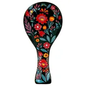 10.5in Blk Front Back Handpainted Spoon Rest W-Floral Design