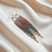 Beaded long Fringe Hoop earrings, lilac, copper, teal