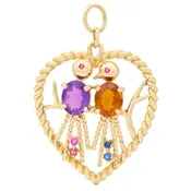 1960's Citrine Amethyst Ruby 14 Karat Yellow Gold Vintage Love Bird Pendant Charm