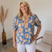 Blue Skies Floral Split Neck Top | Blue Floral Blouse