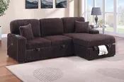 2-Pc Covertible Sectional W/ Usb Ports  & 2 Accent Pillows - Coffee Fur-Like Jumbo Corduroy