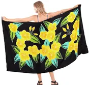 Allover Black Non-Sheer Hand Painted Yellow Prumeria Flower Beach Wrap For Women P03969