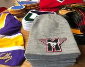 Beanie (Grey) with a Mustangs crest / logo $29