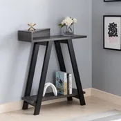212930  Distressed grey and black finish wood sofa entry console table with lower shelf