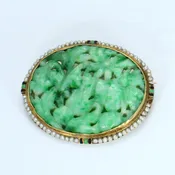 14k Gold Brooch with Green Jade and Pearl Border