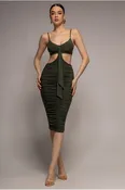 City Goddess Cut Out Ruched Bodycon Midi Dress - Khaki