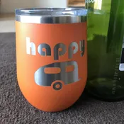 Happy Camper Stemless Wine Engraved Tumbler. Camping Drink Holder.