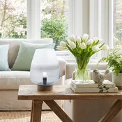 10.5" H Briggs Blue/White Ombre Globe-Like Shade Accent Lamp with a Mango Wood Block Base