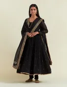 Black Embroidered Chanderi Anarkali Set