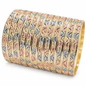 Gold Plated Dozen Bangle, Diamond Cutting Finish, Tricolor, 03.08.0088.05 (06 MM Thickness, Size 5 (2.50 Diameter))