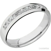 5 mm wide/Domed/Cobalt Chrome band with a Half Eternity arrangement of .07 carat Round Diamond stones in a Channel setting.