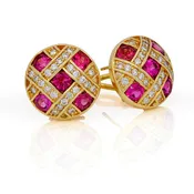 14Kt Yellow Gold Pink Tourmaline and Diamond Button Earrings