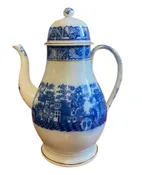 18th Century English Pearlware Coffee Pot, circa 1795, a Staffordshire pottery coffee pot in an unusual, very large size, with transfer blue and white decoration in the Chinoiserie manner featuring pagodas, peonies and figures holding fringed parasols; the bottom having a mark from the Zeller collection.  The pot remains in excellent condition.  Measures: 14-5/8 in H x 9-3/4 in L x 7 in W  Loren Zeller is co-author with Richard Halliday of "Chinoiserie: Printed British Ceramics in the Chinese Style 1750 - 1900. Grover Press (2018) - the definitive work on the subject.