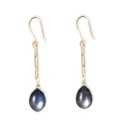 14K Gold Black Pearl Paperclip Earring