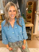 CHECK EMBROIDERY BLOUSE, DUSTY BLOUE