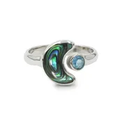Starborn Abalone Shell Crescent Moon Ring with Faceted Blue Topaz Accent in Sterling Silver