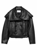 7 For All Mankind Double Breasted High Neck Short Coat in Black Leather - Runway Collection