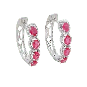 14K White Gold Ruby & Diamond Halo Hoop Earrings