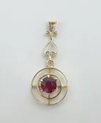 10k Vintage Yellow Gold Red Paste Open Work Circle Drop Pendant 1 3/8''