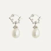 14K White Gold Hoops with Pearl Dangles