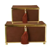 2-Piece Decorative Brown Velvet Gold Trinket Jewelry Box with Tassel