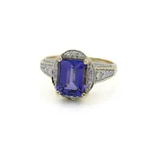 18K Yellow Gold 2.40ct Emerald Cut Tanzanite & Round Diamond Size 7 Ring#E23-197