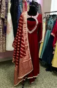AFL2036 - Pure chiffon long gown with mirror work embroidered on the yoke. Come with pant and Banarasi dupatta.