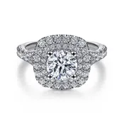 14K White Gold Cushion Double Halo Round Diamond Engagement Ring