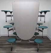 10ft Cafeteria Lunch Table w/ 12 Stool Seat, Gray Top, Green Seat, Oval, Adult Size (RF)