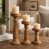 Chennai Mango Wood Candle Holders - Light Burnt , Set of 3
