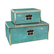 2-Piece Decorative Turquoise Leather Brass Trinket Jewelry Box