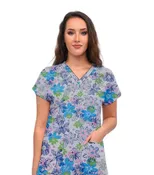 Blue and Green Flowers Print Scrub Top V Neck 2 Pocket Half Sleeve in Poplin Fabric 35% Cotton 65% Polyester