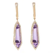 14K Rose Gold and Diamond Dangle Earrings with Fancy Cut Amethysts