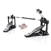 Deluxe Double Kick Drum Pedal for Bass Drum by Griffin | Twin Set Foot Pedal|Quad Sided Beater Heads|Dual Pedal Double Chain Drive Percussion Hardware | Impressive Response for Metal and Rock Drummers