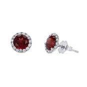 14k White Gold Garnet and Diamond Halo Stud Earrings
