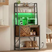 5-Tier Kitchen Bakers Rack with LED Light Strip, Sliding Cabinet Door, and Built-In Power Outlet