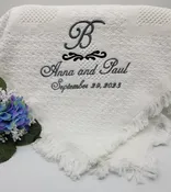 Personalized wedding blanket with monogram, scroll, bride and groom