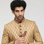 Beige Jacquard Sherwani Set