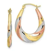 10K tri-color  Gold Oval Scalloped Hollow Hoop Earrings