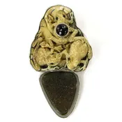 10164 Hand Carved Fossil Ivory, Black Onyx, Drusy Agate Sterling Silver Pin and Pendant