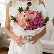 luxurious Purple & Pink Roses wrapped Bouquet