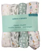 Aden + Anais Cotton Muslin Swaddle, 4 Pack, 44" x 44", Alphabet Animals, Classic Muslin