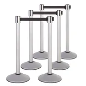 6-Pack Premium Steel Stanchions Barriers with Retractable Belt - Silver