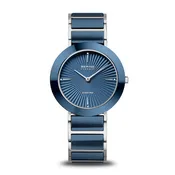 BERING Ceramic Polished Silver 35mm Blue Diamond Dial Women's Watch 11435-707